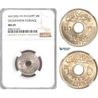 A5/257 Egypt, Occupation Coinage, 5 Milliemes AH1335/1917 H, Heaton Mint, KM# 315, NGC MS65