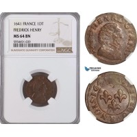 A5/293 France, Frederick Henry, Double Tournois 1641, CGKL# 778, NGC MS64BN, Top Pop (Single finest graded!)