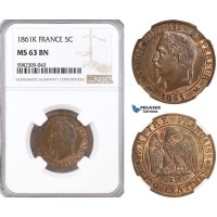 A5/344 France, Napoleon III, 5 Centimes 1861 K, Bordeaux Mint, KM#797.3, NGC MS63BN