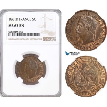 A5/344 France, Napoleon III, 5 Centimes 1861 K, Bordeaux Mint, KM#797.3, NGC MS63BN
