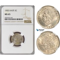 A5/477 Haiti, President Alexis, 5 Centimes 1905, Waterbury Mint, KM# 53, NGC MS65