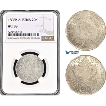 AG908, Austria, Franz II, 20 Kreuzer 1808­ B, Kremnitz Mint, Silver, KM# 2141, NGC AU58