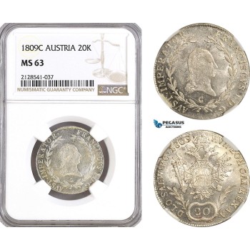 AG918, Austria, Franz II, 20 Kreuzer 1809­ C, Prague Mint, Silver, KM# 2141, NGC MS63