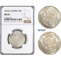 AG922, Austria, Franz II, 20 Kreuzer 1810­ A, Vienna Mint, Silver, KM# 2141, NGC MS64