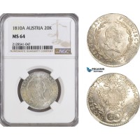 AG927, Austria, Franz II, 20 Kreuzer 1810­ A, Vienna Mint, Silver, KM# 2141, NGC MS64