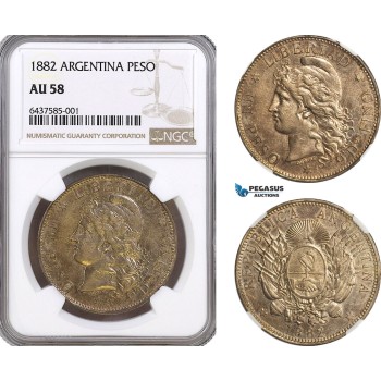 A6/7, Argentina, 1 Peso 1882, Silver, KM# 29, Lovely toning! NGC AU58