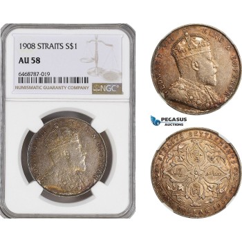 A6/472, Straits Settlements, Edward VII, 1 Dollar 1908, Bombay Mint, Silver, KM# 26, NGC AU58