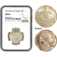 A7/172, Egypt (Ottoman Empire) Abdul Hamid II, 5 Qirsh AH1293//22 W, Misr Mint, Silver, KM# 296, Partly toned with full Mint luster, NGC MS64 (Wrongly labbeled as Turkey) 