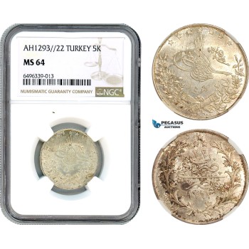 A7/172, Egypt (Ottoman Empire) Abdul Hamid II, 5 Qirsh AH1293//22 W, Misr Mint, Silver, KM# 296, Partly toned with full Mint luster, NGC MS64 (Wrongly labbeled as Turkey)