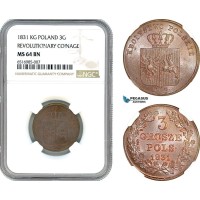A8/351, Poland, Revolutionary Coinage, 3 Grosze 1831 KG, KM C# 120, Hints of red lustre, clipped edge, very flashy! NGC MS64BN