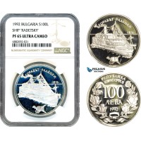 AJ237, Bulgaria, Ship Radetsky, 100 Leva 1992, Sofia Mint, Silver, NGC PF65 Ultra Cameo