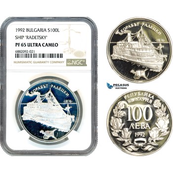 AJ237, Bulgaria, Ship Radetsky, 100 Leva 1992, Sofia Mint, Silver, NGC PF65 Ultra Cameo