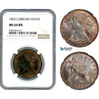 AJ240, Great Britain, Victoria, 1 Penny 1863, London Mint, NGC MS64BN