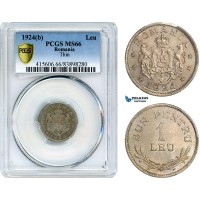 AJ244, Romania, Ferdinand, 1 Leu 1924, Brussels Mint, Thin Planchet, PCGS MS66