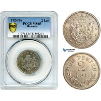 AJ245, Romania, Ferdinand, 2 Lei 1924, Brussels Mint, PCGS MS65