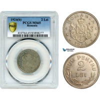 AJ246, Romania, Ferdinand, 2 Lei 1924, Brussels Mint, PCGS MS65