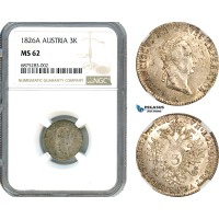 AJ252, Austria, Franz II, 3 Kreuzer 1826 A, Vienna Mint, Silver, NGC MS62