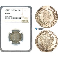 AJ253, Austria, Franz II, 5 Kreuzer 1820 A, Vienna Mint, Silver, NGC MS64