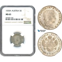 AJ254, Austria, Ferdinand I, 5 Kreuzer 1838 A, Vienna Mint, Silver, NGC MS65