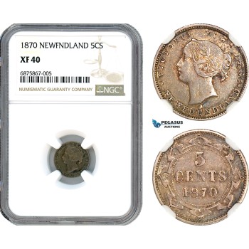 AJ258, Canada, Newfoundland, Victoria, 5 Cents 1870, Silver, NGC XF40
