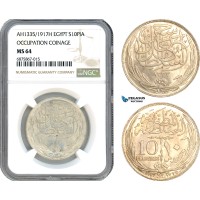 AJ263, Egypt, Occupation Coinage, 10 Piastres AH1335 (1917) H, Heaton Mint Silver, NGC MS64
