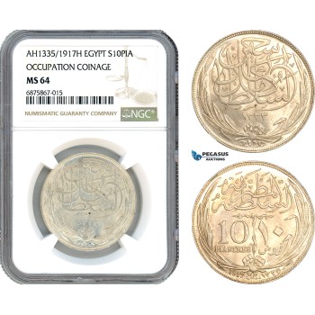 AJ263, Egypt, Occupation Coinage, 20 Piastres AH1335 (1917) H, Heaton Mint Silver, NGC MS64