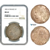 AJ265, France, Second Republic, 5 Francs 1851 ­A, Paris Mint, Silver, NGC MS62