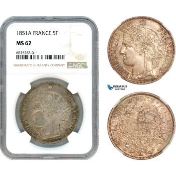 AJ265, France, Second Republic, 5 Francs 1851 ­A, Paris Mint, Silver, NGC MS62