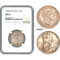 AJ268, Italy, Vittorio Emanuele III, 10 Lire 1936 (XIV) R, Rome Mint, Silver, NGC MS63