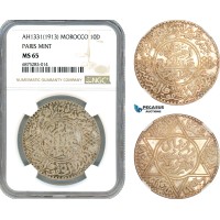 AJ271, Morocco, Yusuf I, 1 Rial (10 Dirhams) AH1331 (1913) Paris Mint, Silver, NGC MS65, Top Pop!