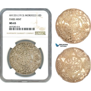 AJ271, Morocco, Yusuf I, 1 Rial (10 Dirhams) AH1331 (1913) Paris Mint, Silver, NGC MS65