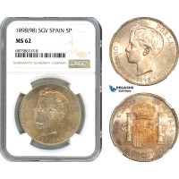 AJ275, Spain, Alfonso XIII, 5 Pesetas 1898 (98) SGV, Madrid Mint, Silver, NGC MS62