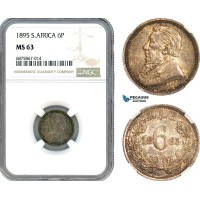 AJ277, South Africa (ZAR) Sixpence (6P) 1895, Pretoria Mint, Silver, NGC MS63, Rare!