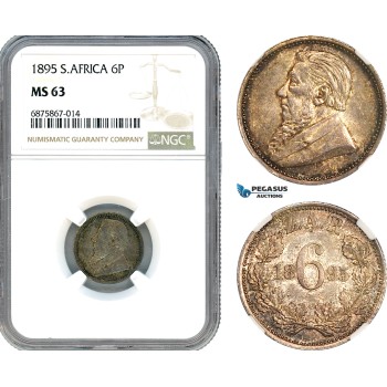 AJ277, South Africa (ZAR) Sixpence (6P) 1895, Pretoria Mint, Silver, NGC MS63