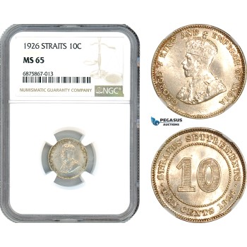 AJ278, Straits Settlements, George V, 10 Cents 1926, Silver, NGC MS65