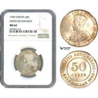 AJ279, Straits Settlements, George V, 50 Cents 1920, Cross below bust, Silver, NGC MS64