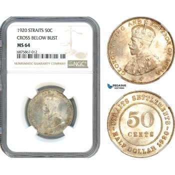 AJ279, Straits Settlements, George V, 50 Cents 1920, Cross below bust, Silver, NGC MS64