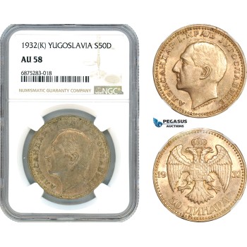 AJ280, Yugoslavia, Alexander I, 50 Dinara 1932 K, Belgrade Mint, Silver, NGC AU58