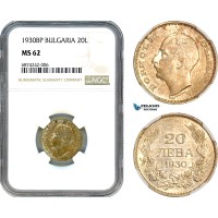AJ283, Bulgaria, Boris III, 20 Leva 1930 BP, Budapest Mint, Silver, NGC MS62