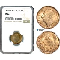 AJ284, Bulgaria, Boris III, 20 Leva 1930 BP, Budapest Mint, Silver, NGC MS61