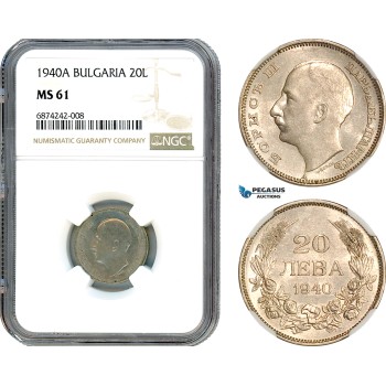 AJ285, Bulgaria, Boris III, 20 Leva 1940 A, Berlin Mint, NGC MS61