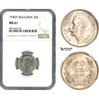 AJ286, Bulgaria, Boris III, 20 Leva 1940 A, Berlin Mint, NGC MS61