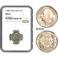 AJ287, Bulgaria, Boris III, 20 Leva 1940 A, Berlin Mint, NGC MS62