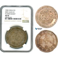 AJ291, China, Kirin, 1 Dollar 1900, Flower Basket, L&M-531, Silver, NGC AU50