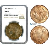 AJ301, France, Second Republic, 5 Francs 1850 A, Paris Mint, Silver, NGC MS61
