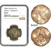 AJ305, Germany, Prussia, Friedrich III, 2 Mark 1888 A, Berlin Mint, Silver, NGC MS63