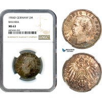 AJ306, Germany, Bavaria, Otto, 2 Mark 1904 D, Munich Mint, Silver, NGC MS63