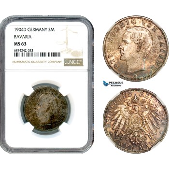 AJ306, Germany, Bavaria, Otto, 2 Mark 1904 D, Munich Mint, Silver, NGC MS63
