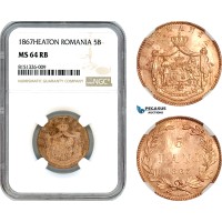 AJ311, Romania, Carol I, 5 Bani 1867, Heaton Mint, NGC MS64RB