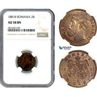AJ315, Romania, Carol I, 2 Bani 1881 B, Bucharest Mint, NGC AU58BN, Rare!